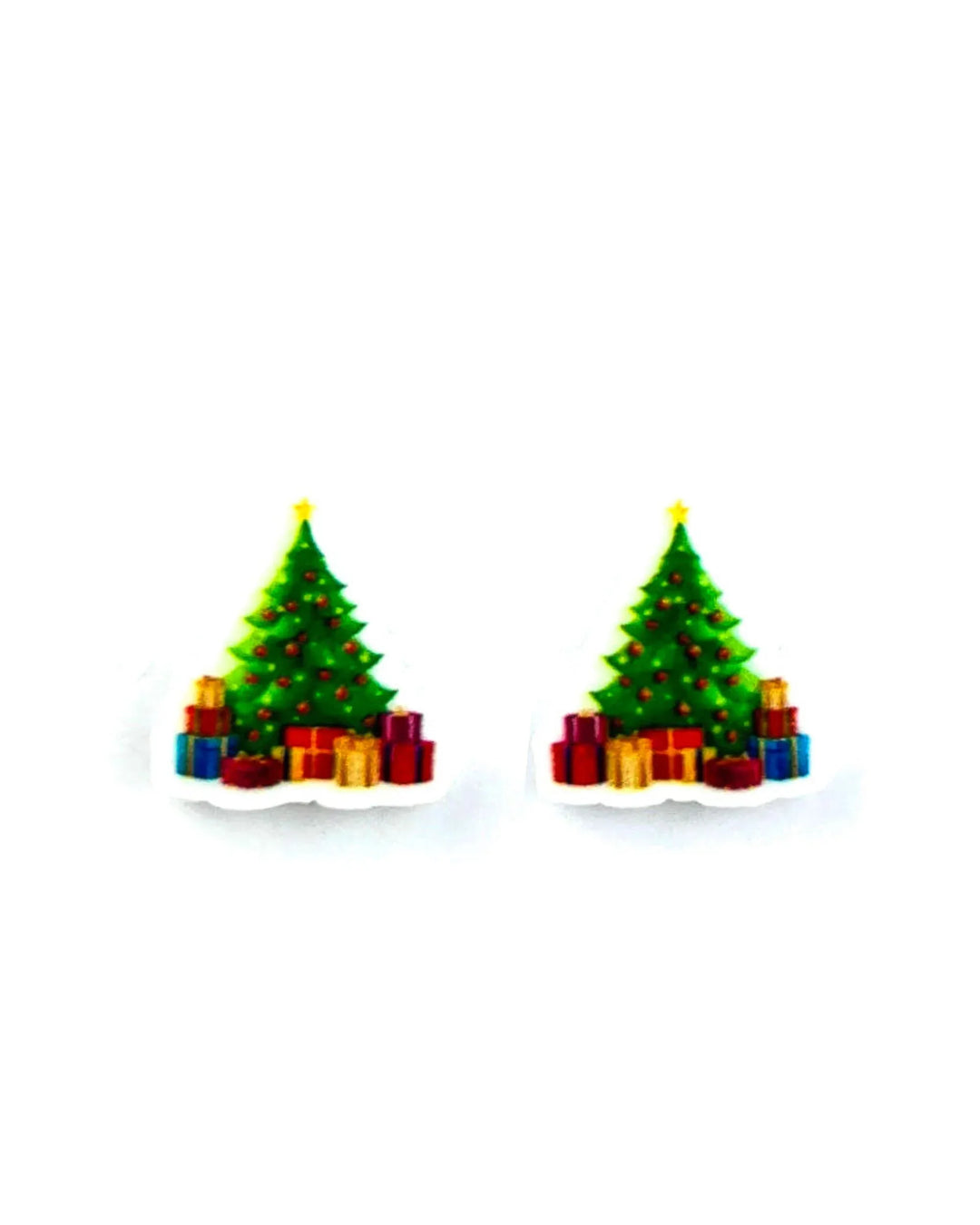 Christmas tree stud earrings with a decorated green tree and a pile of wrapped presents underneath