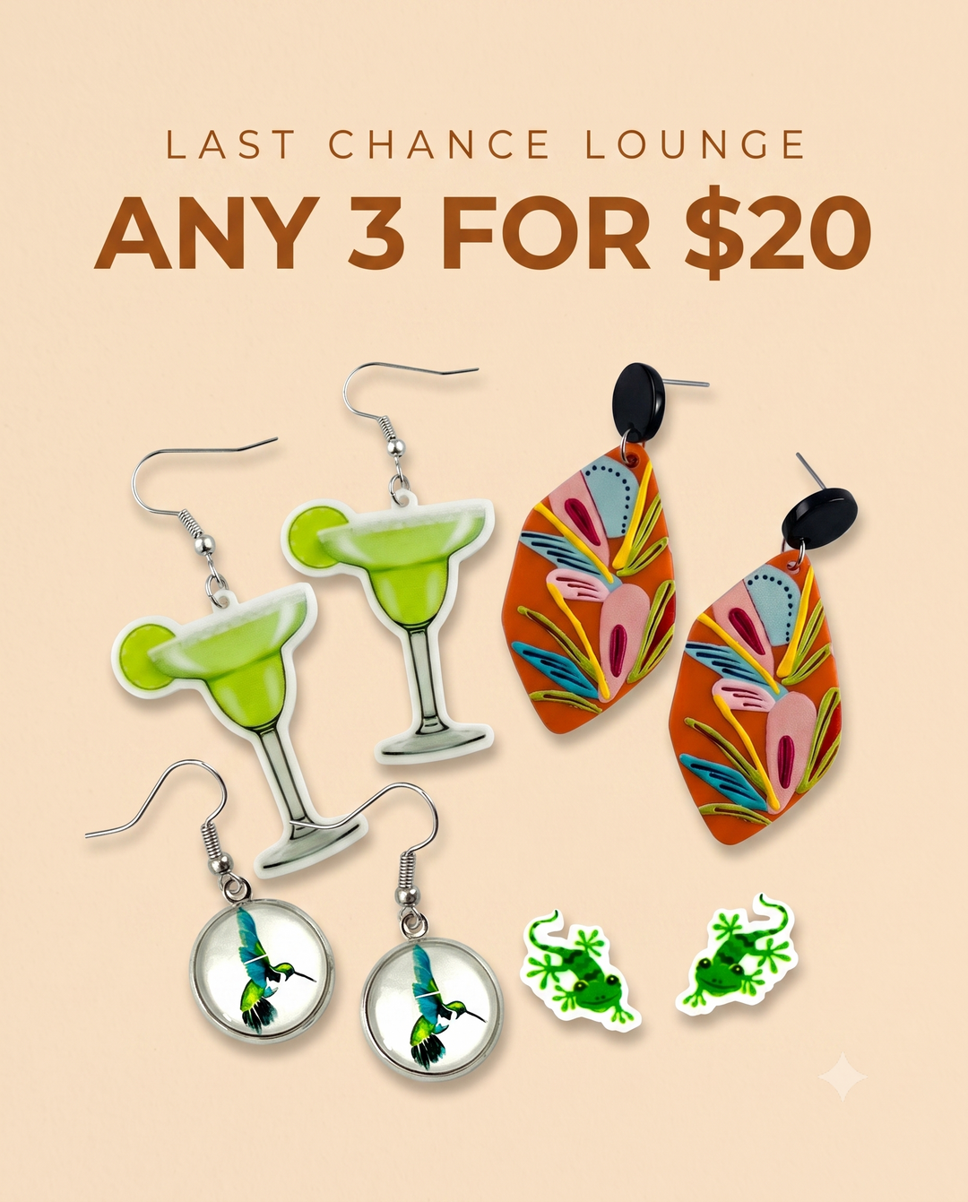 Last Chance Lounge clearance bundle, any 3 pairs of Sunbaked Lizard earrings for $20