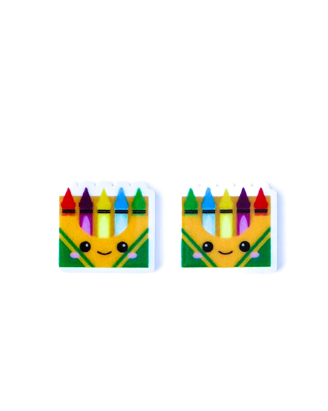 Colourful crayons stud earrings on Sunbaked Lizard display card