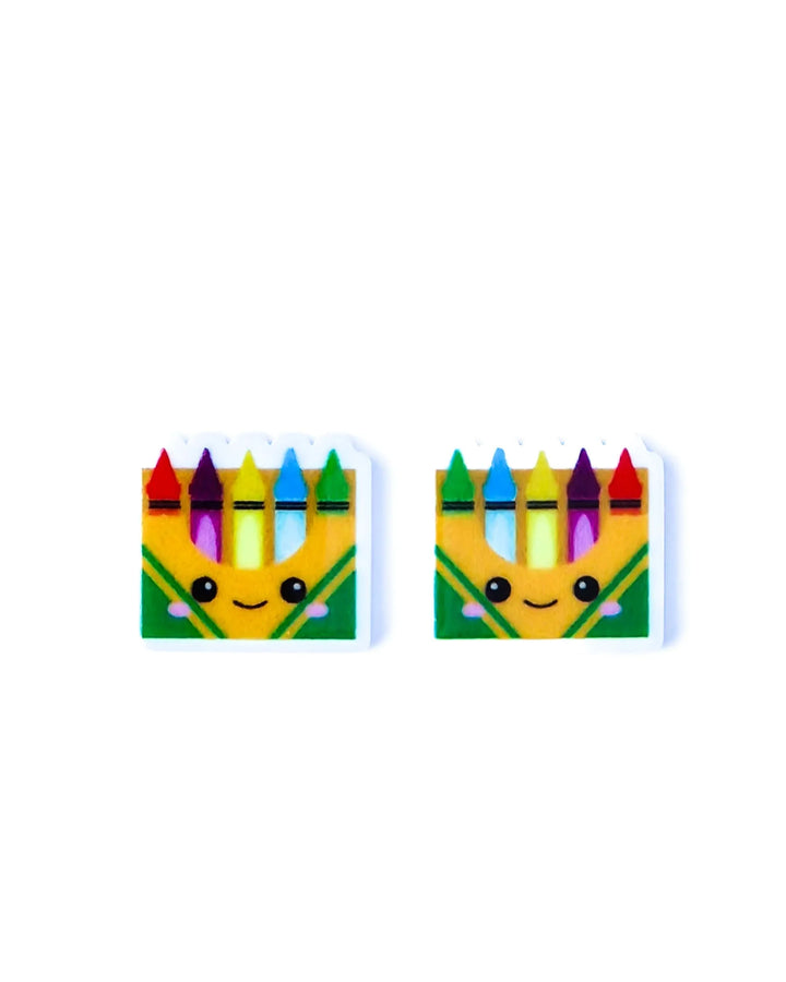Colourful crayons stud earrings on Sunbaked Lizard display card