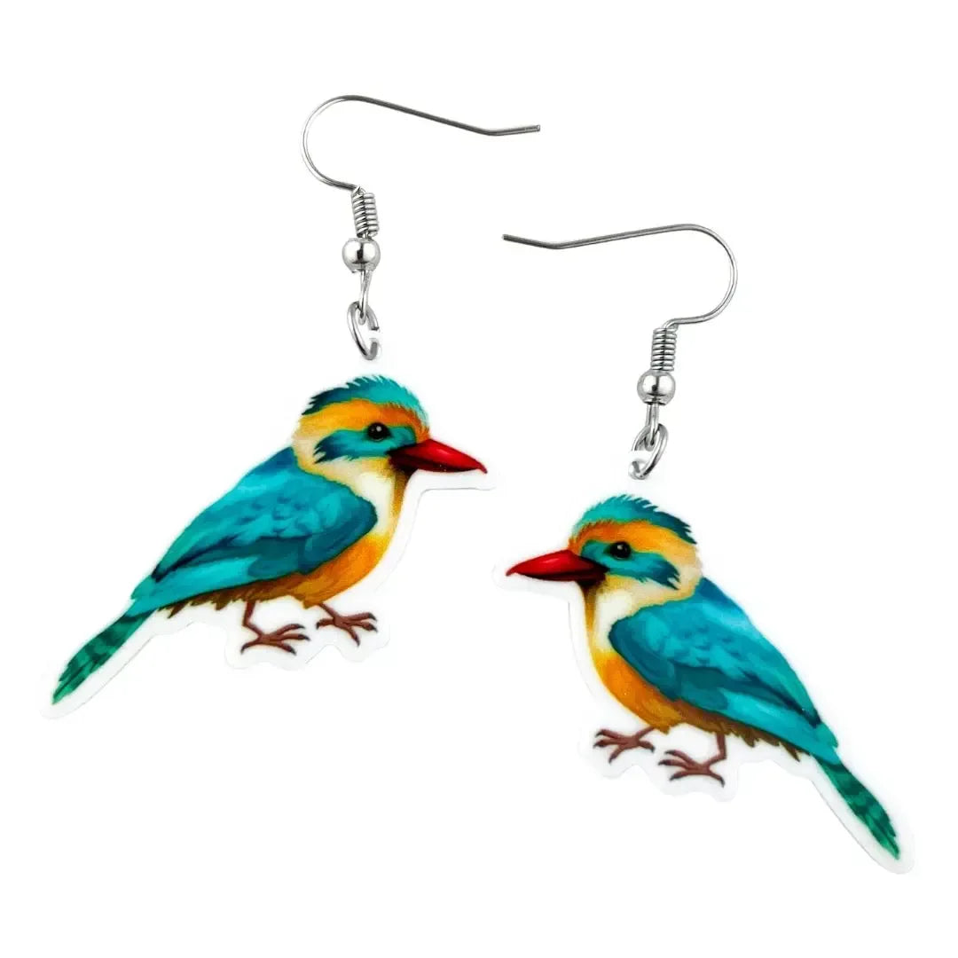 Colourful kingfisher drop earrings, two mirrored turquoise and orange birds with red beaks on silver hooks