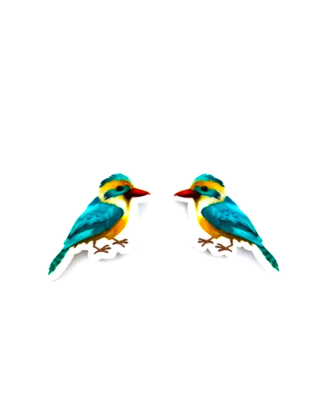 Colourful kingfisher stud earrings, a turquoise and orange bird with a red beak on an acrylic charm
