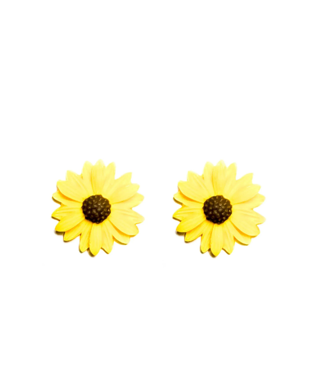 Yellow daisy stud earrings with brown centre on jewellery card