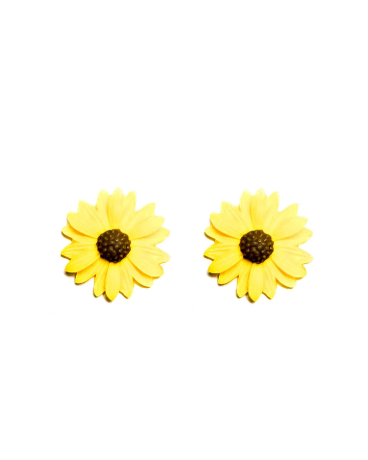 Yellow daisy stud earrings with brown centre on jewellery card