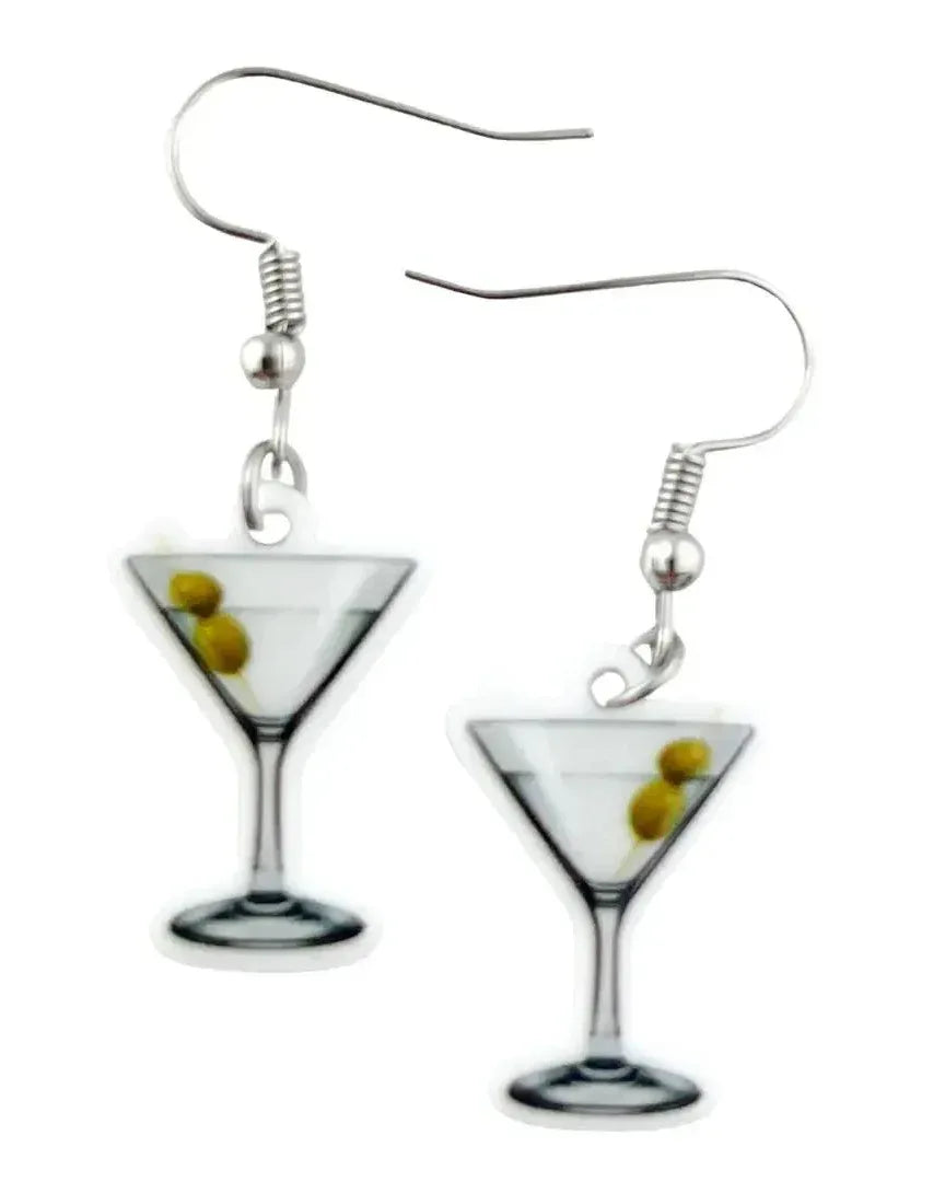 Martini glass dangle earrings with olives and clear acrylic design for a fun quirky novelty cocktail look.