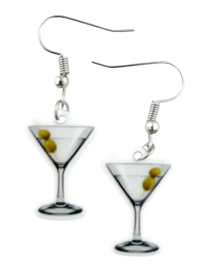 Martini glass dangle earrings with olives and clear acrylic design for a fun quirky novelty cocktail look.