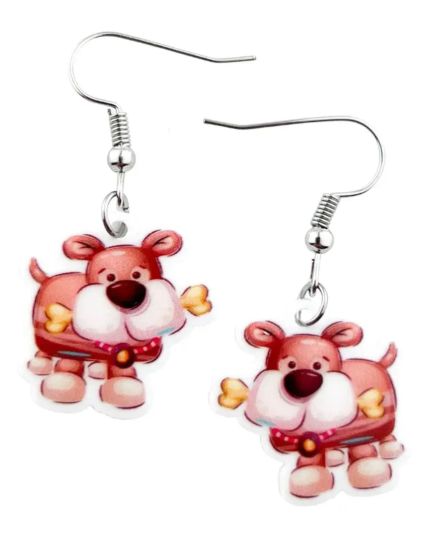 Doggy Got a Bone drop earrings, rose-pink puppy charm with dog bones on silver hooks