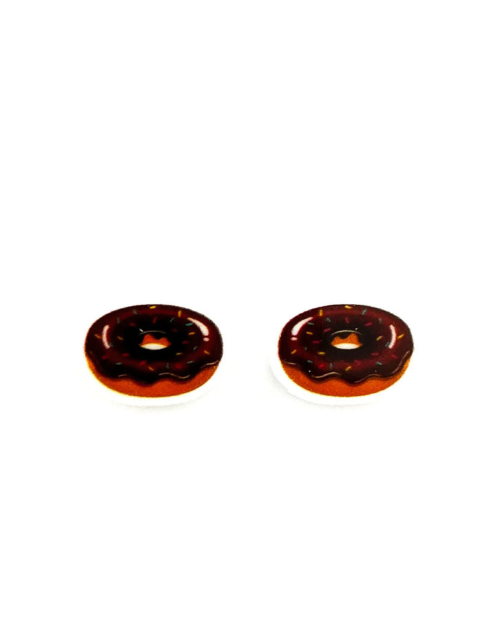 Chocolate iced donut stud earrings on Sunbaked Lizard display card