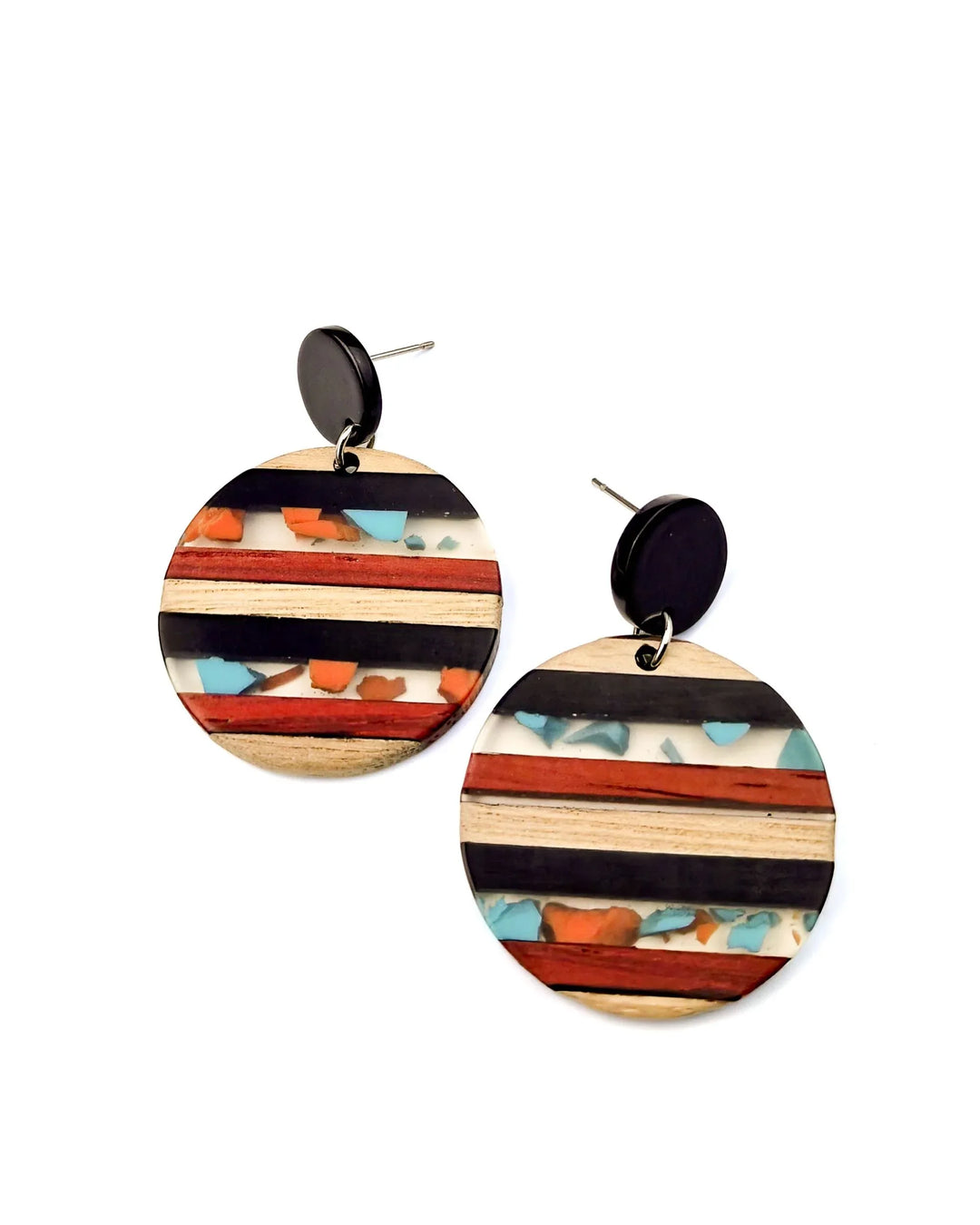 Earthy resin drop earrings with timber-style stripes, turquoise flecks, and black stud tops