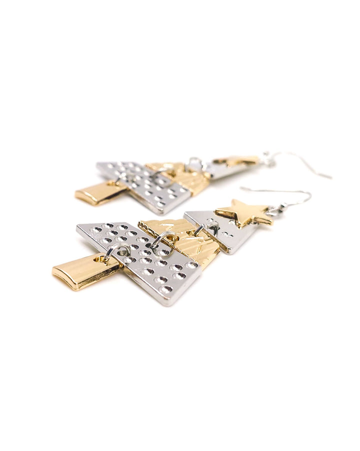 Detail view of Elegant Christmas Tree Earrings – classy metal dangle earrings for festive celebrations by Sunbaked Lizard.