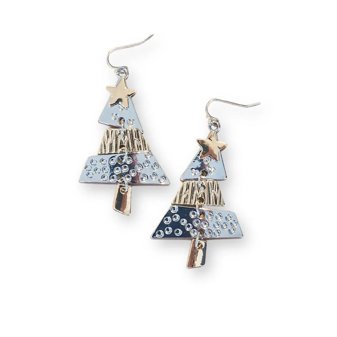 Elegant Christmas Tree Earrings – classy metal dangle earrings for festive celebrations by Sunbaked Lizard.