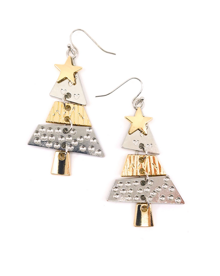 Elegant Christmas Tree Earrings – classy metal dangle earrings for festive celebrations by Sunbaked Lizard.