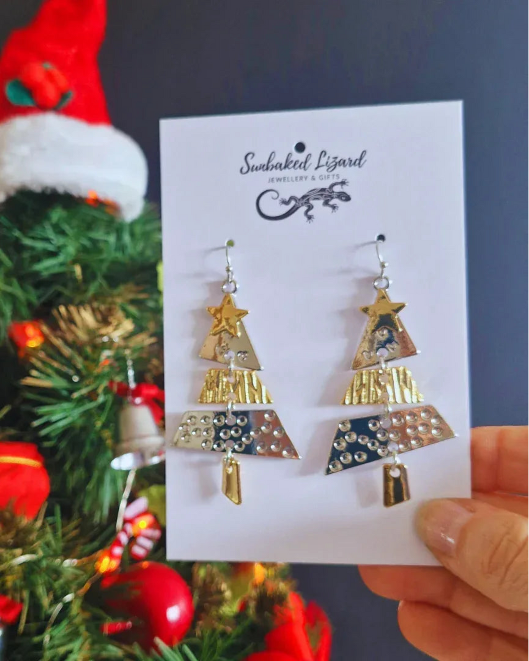 Elegant Christmas Tree Earrings – classy metal dangle earrings for festive celebrations by Sunbaked Lizard.