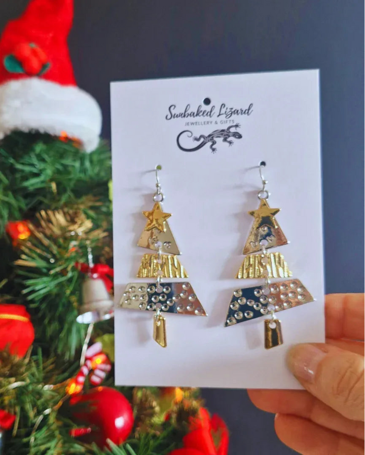 Elegant Christmas Tree Earrings – classy metal dangle earrings for festive celebrations by Sunbaked Lizard.