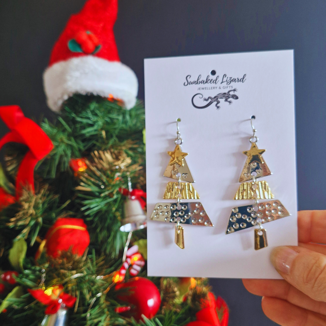 Elegant Christmas Tree Earrings – classy metal dangle earrings for festive celebrations by Sunbaked Lizard.