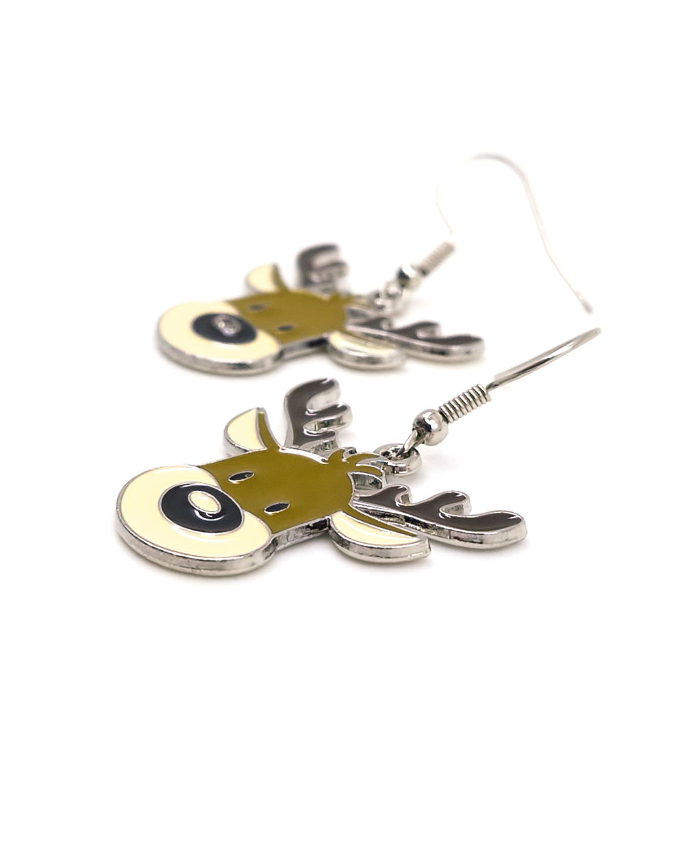 Side view of enamel reindeer Christmas earrings showing the glossy enamel and raised silver outlines