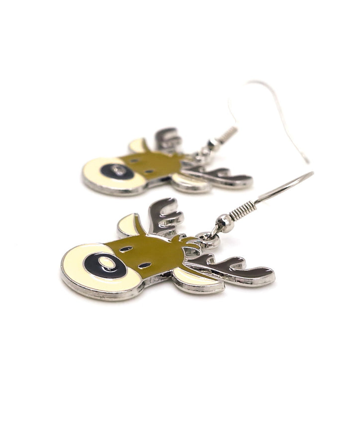 Side view of enamel reindeer Christmas earrings showing the glossy enamel and raised silver outlines