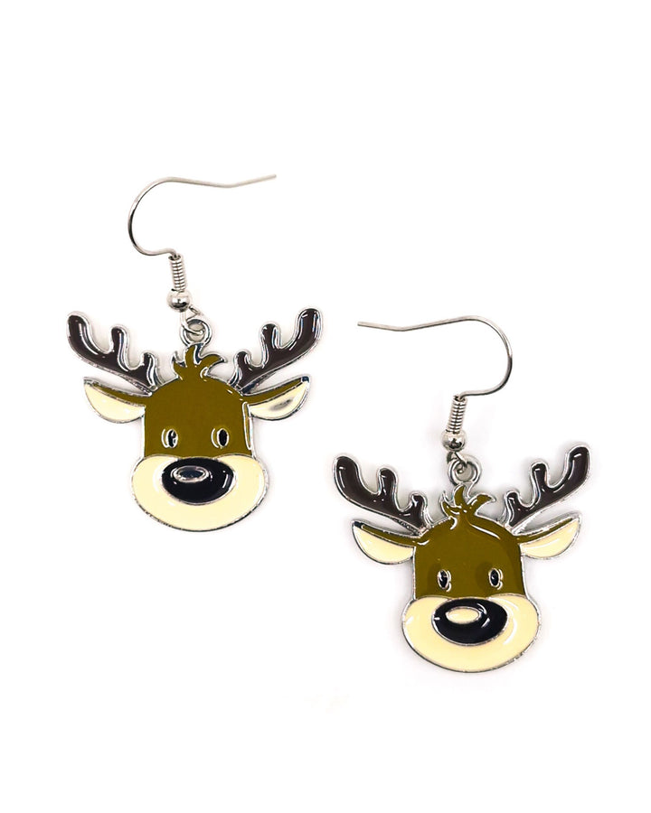 Enamel reindeer Christmas earrings with an olive-brown face, cream muzzle and dark brown antlers on silver hooks