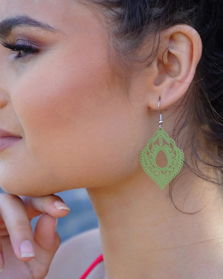 Filigree drop earrings available in red, black, pale pink, and army green