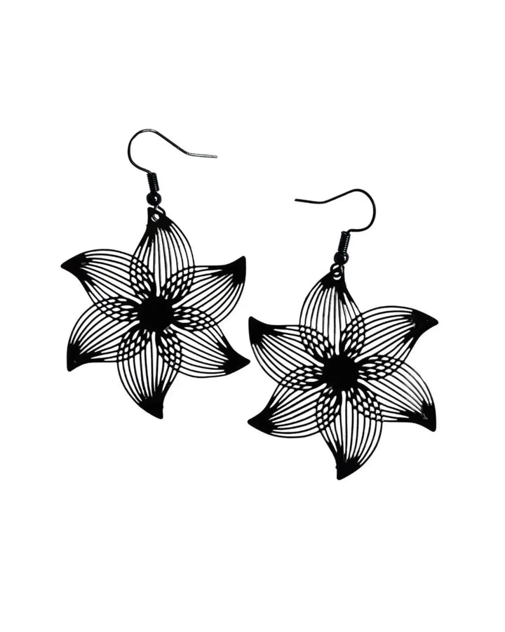 Black filigree flower drop earrings with intricate cut-out petal design