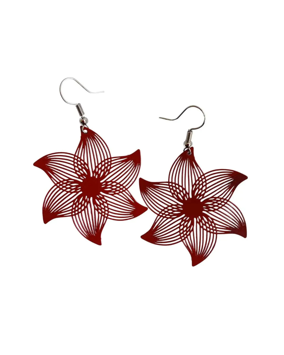 Red filigree flower drop earrings with detailed open floral pattern