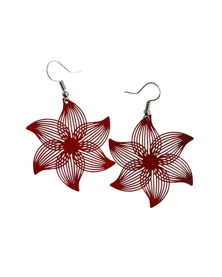 Red filigree flower drop earrings with detailed open floral pattern