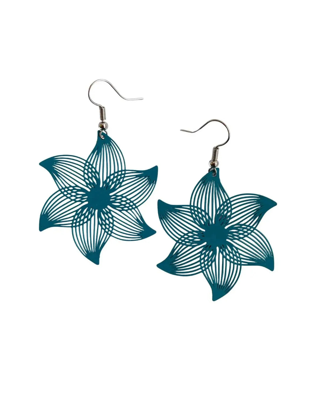 Teal filigree flower drop earrings with open lace design on hook fittings