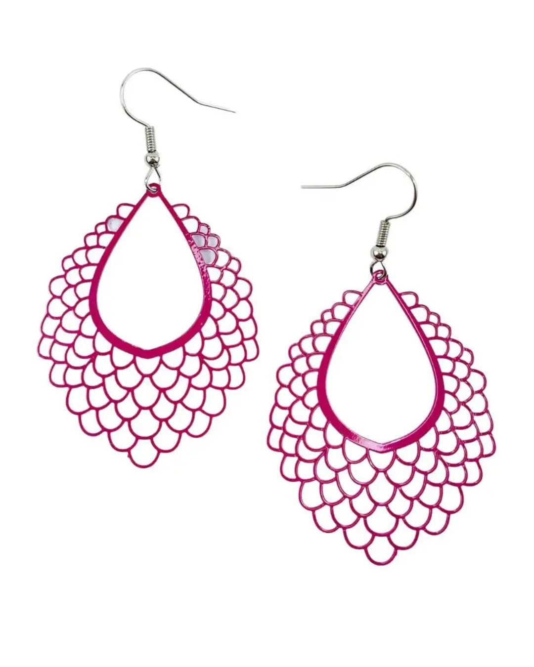 Pair of bright pink filigree teardrop dangle earrings with scalloped lace-style cut-out detail and long drop length