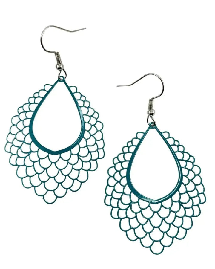 Pair of filigree teardrop dangle earrings in a blue-green tone with scalloped cut-out detail and long drop length
