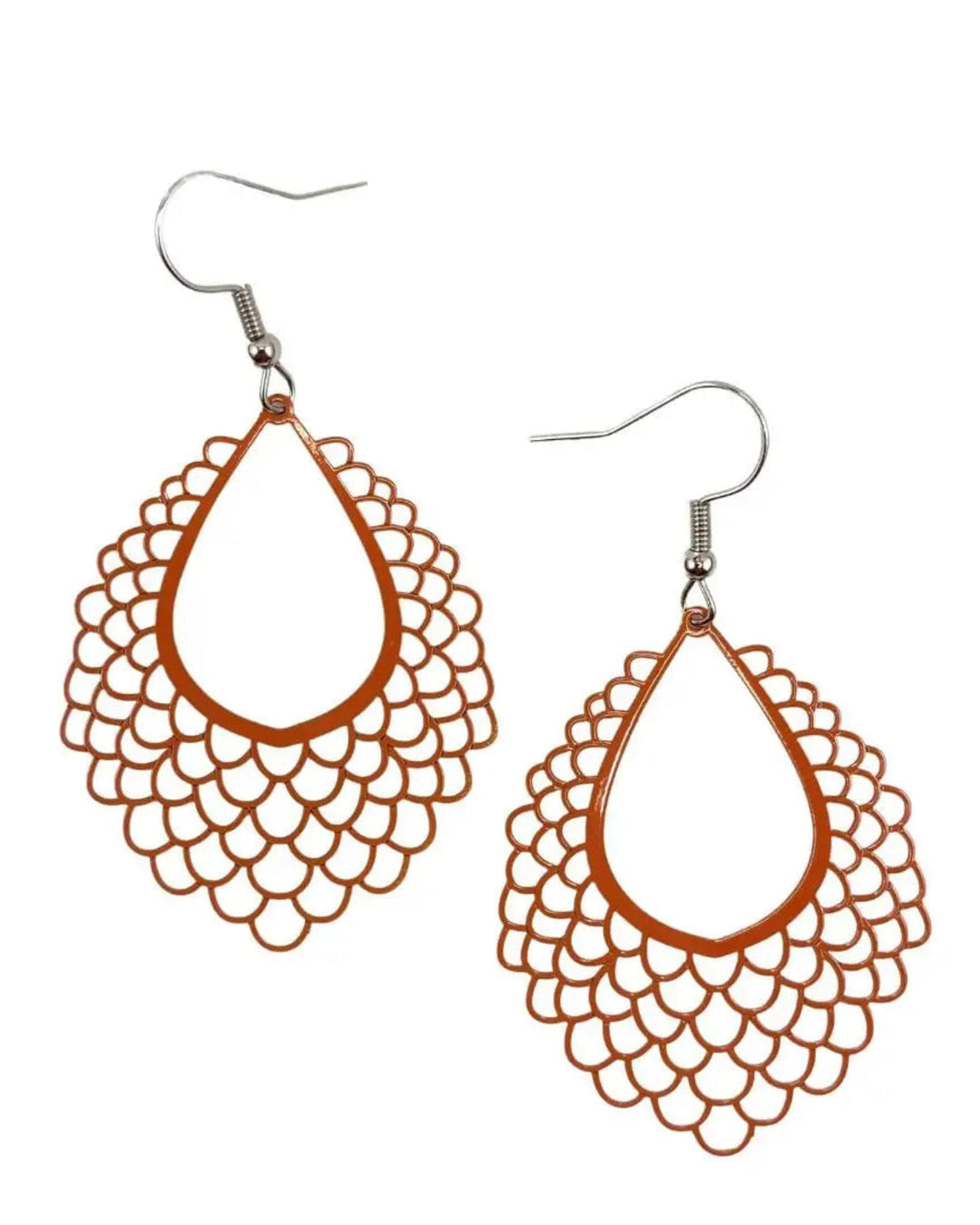 Pair of orange filigree teardrop dangle earrings with scalloped lace-style cut-out detail and long drop length