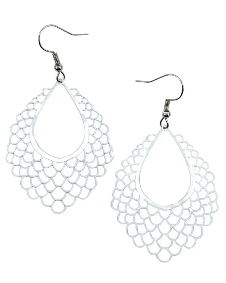Pair of white filigree teardrop dangle earrings with scalloped lace-style cut-out pattern and long drop length