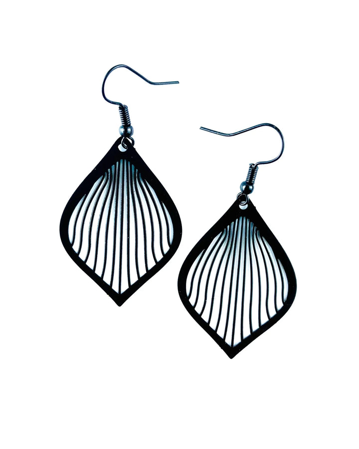 Pair of black filigree teardrop drop earrings with open cut-out lines and lightweight hooks
