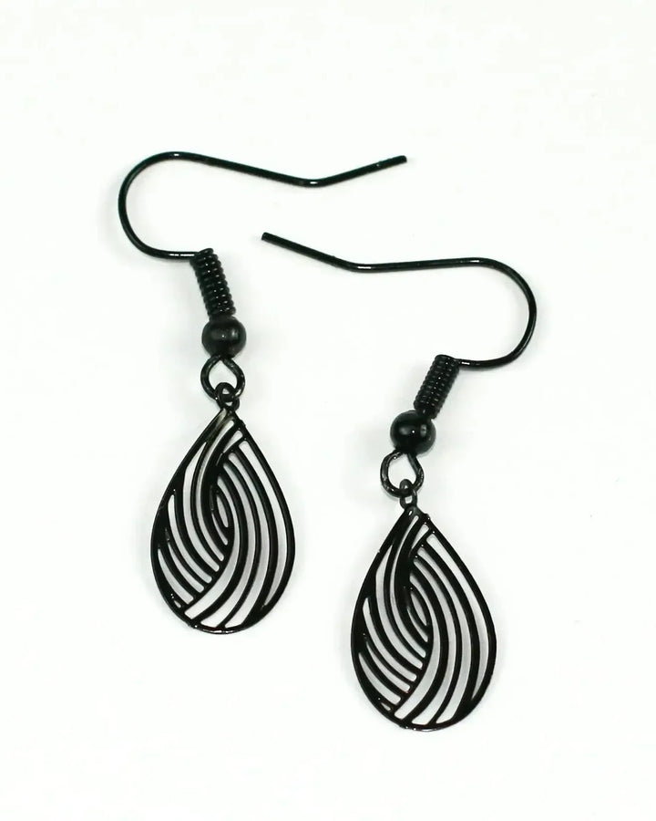 Pair of black filigree teardrop drop earrings with delicate cut-out swirl pattern and petite size