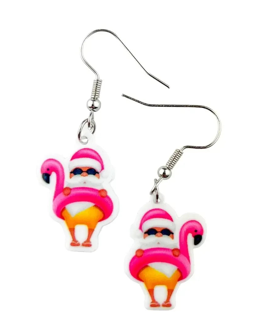 Flamingo floaty Santa Christmas earrings, with Santa in sunnies floating in a pink flamingo ring