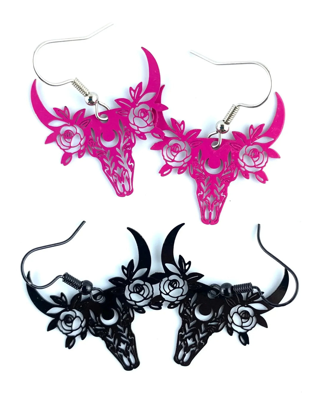 Black and hot pink floral cowskull filigree statement earrings with crescent moon and rose detailing