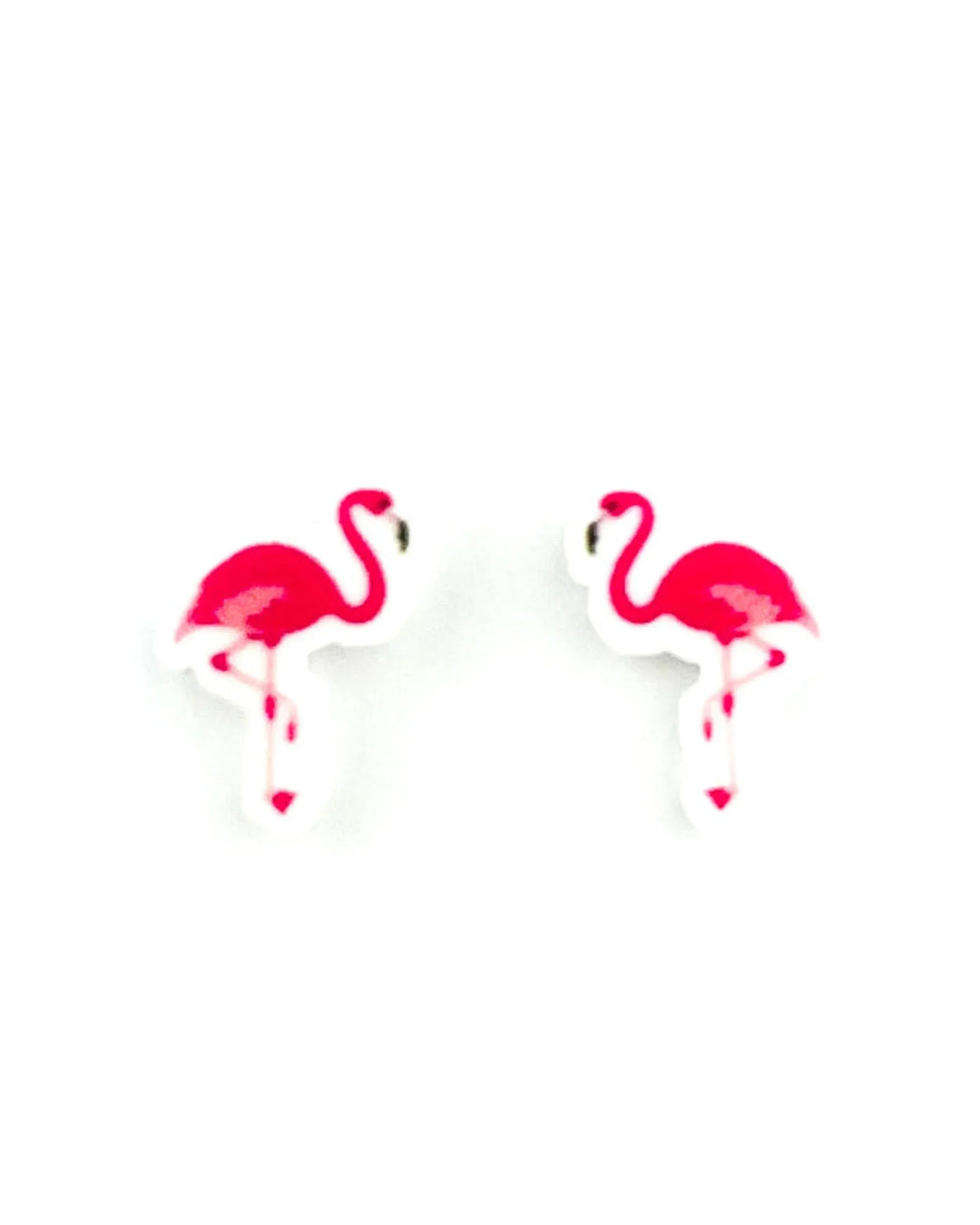 Florence the Flamingo stud earrings, a pair of hot pink flamingos standing on one leg on acrylic charms
