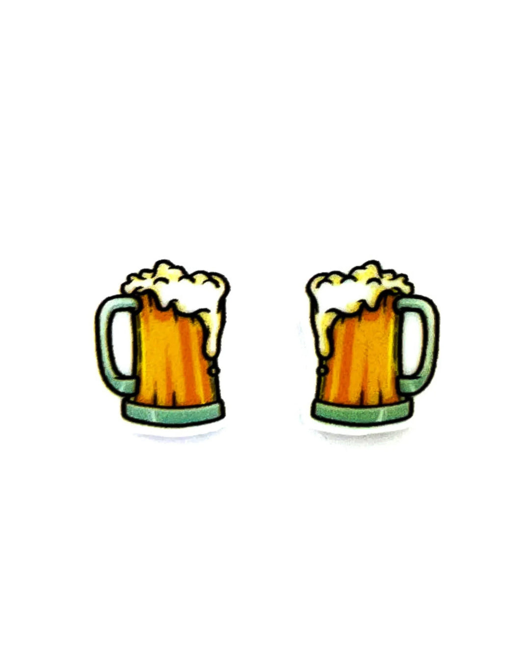Beer stud earrings featuring a tiny 2D acrylic golden pint mug with white foam on a Sunbaked Lizard backing card.