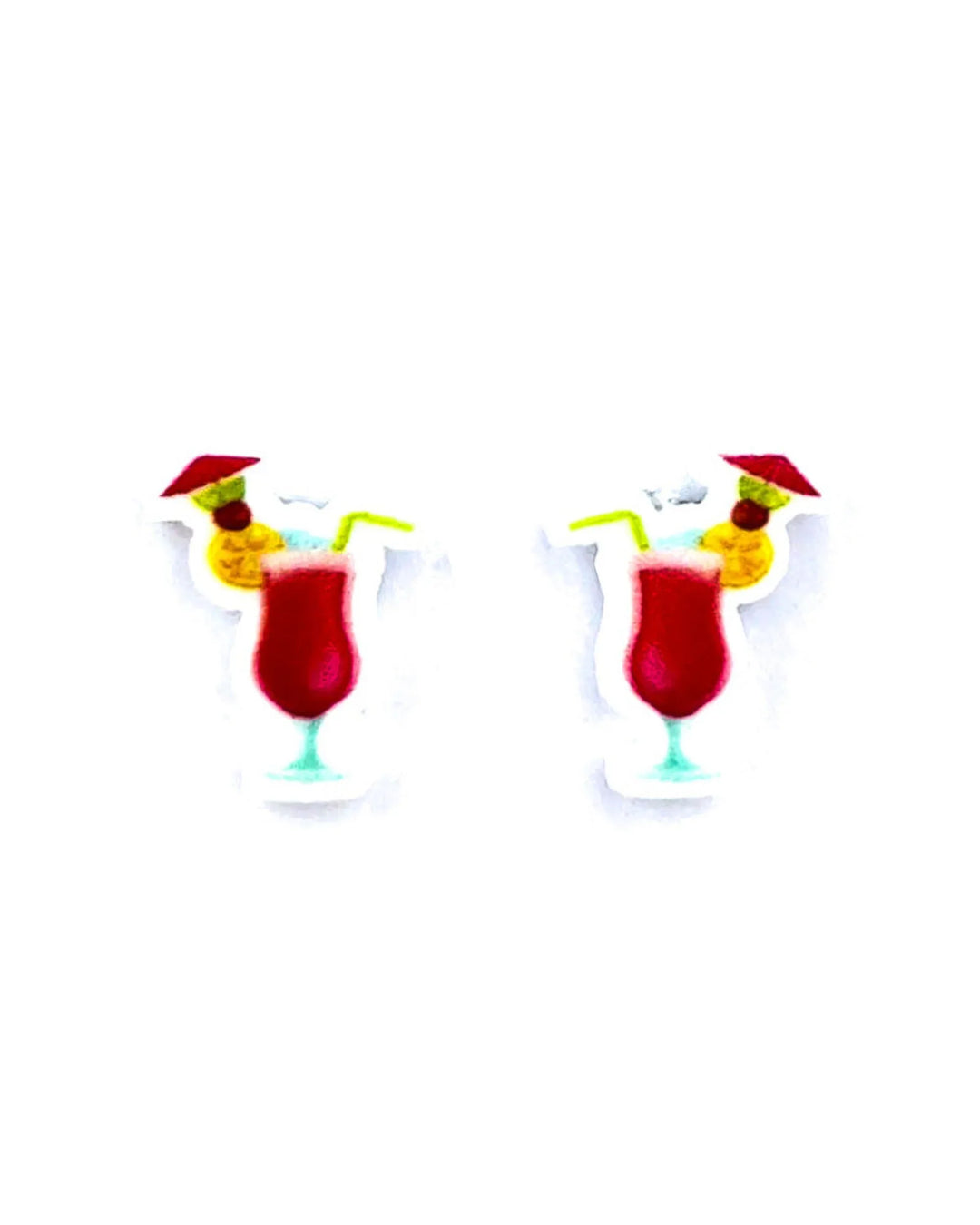 Cocktail earrings featuring a pink tiki glass with a pineapple slice and red umbrella on a white background.