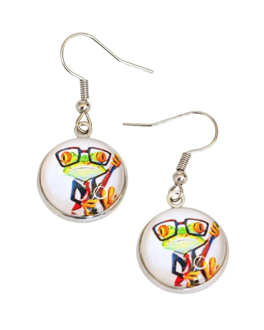 Funky frog drop earrings with colourful glass cabochon