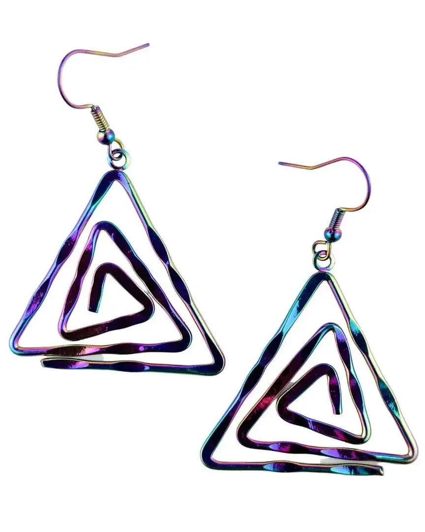 Pair of geometric iridescent triangle drop earrings with layered open triangle design and purple green blue shimmer