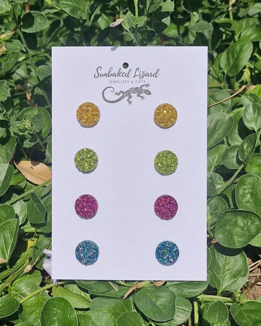 Gold and Opal Glitter Stud Earrings – 4-pair earring bundle featuring bright, sparkly resin studs.