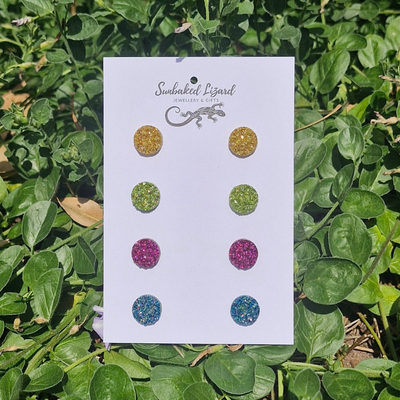 Gold and Opal Glitter Stud Earrings – 4-pair earring bundle featuring bright, sparkly resin studs.