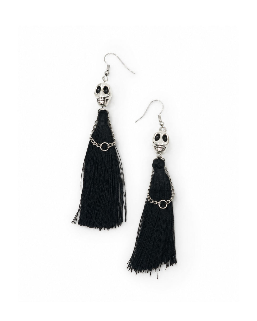 Black Halloween tassel earrings with silver skull charms, long black tassels, chain loops and silver hooks on a white background