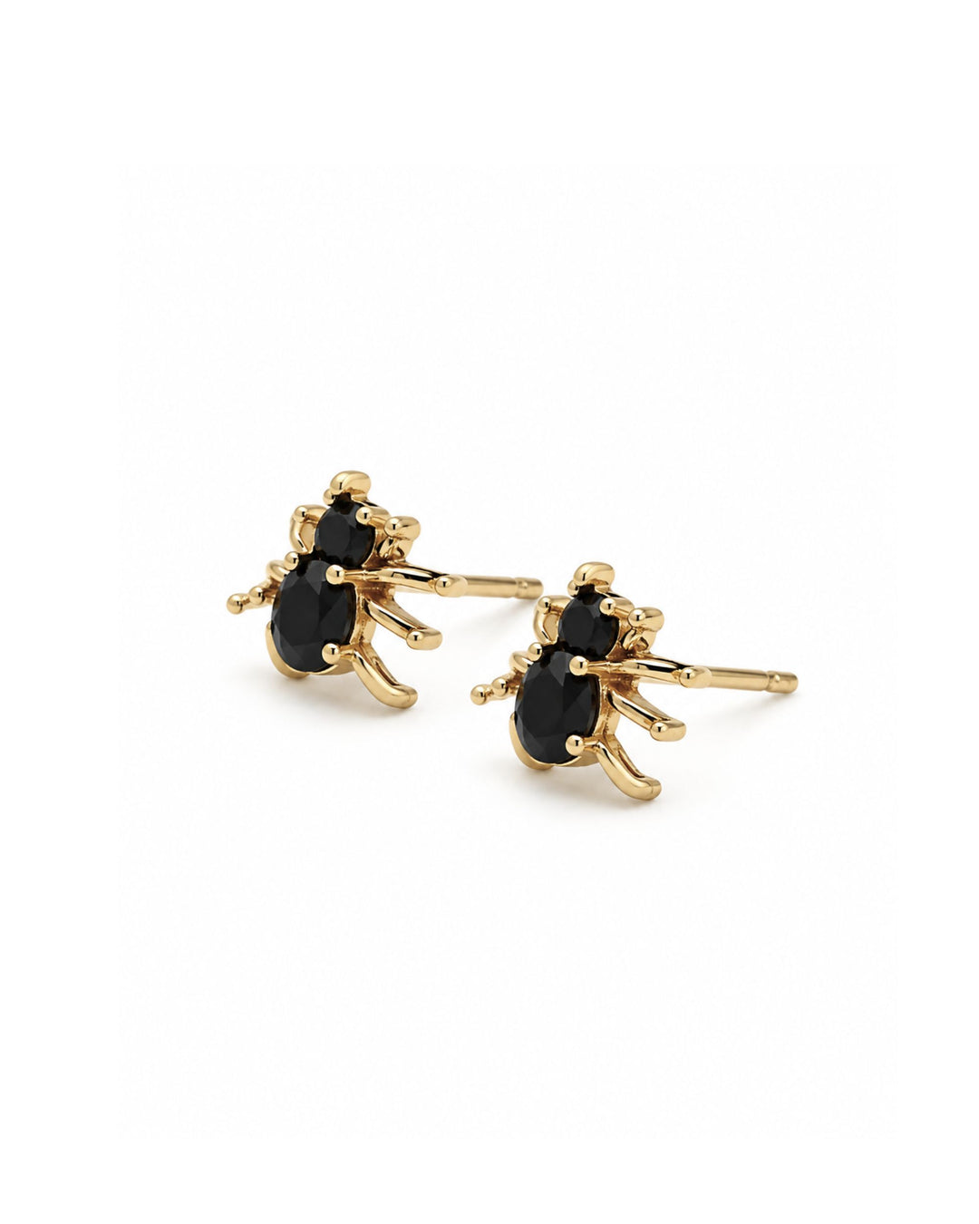 Black and gold Halloween spider stud earrings with faceted black stones and gold legs