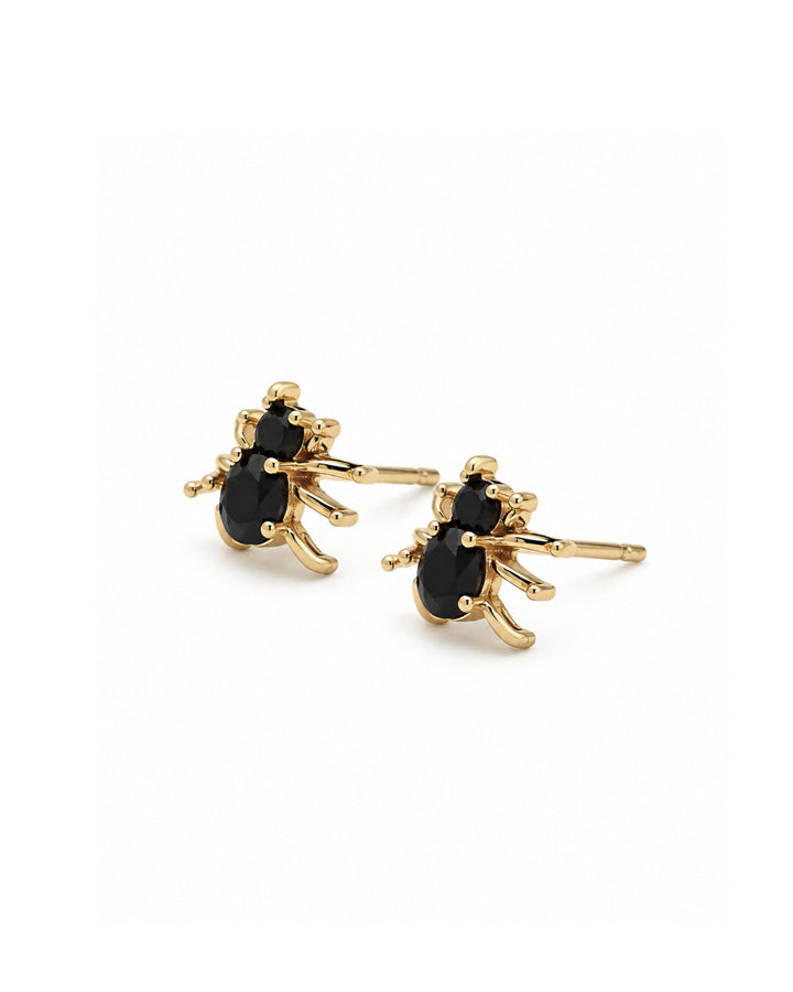 Black and gold Halloween spider stud earrings with faceted black stones and gold legs