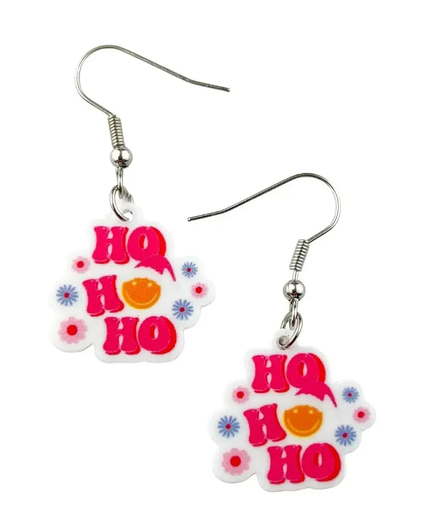 Ho Ho Ho Christmas drop earrings in retro hot pink lettering with a smiley face and small flowers, on silver hooks