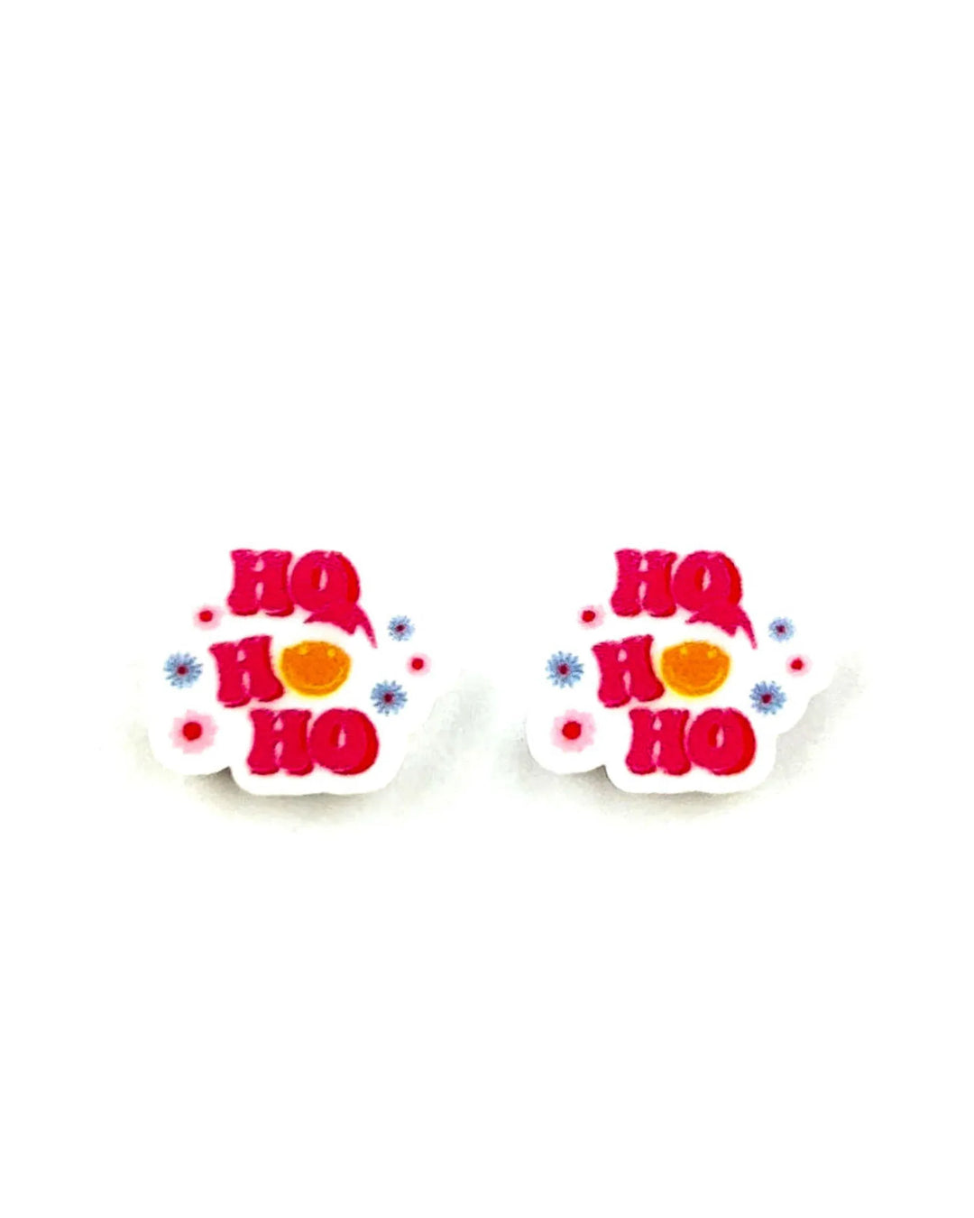 Ho Ho Ho Christmas stud earrings in retro hot pink lettering with a smiley face and small flowers