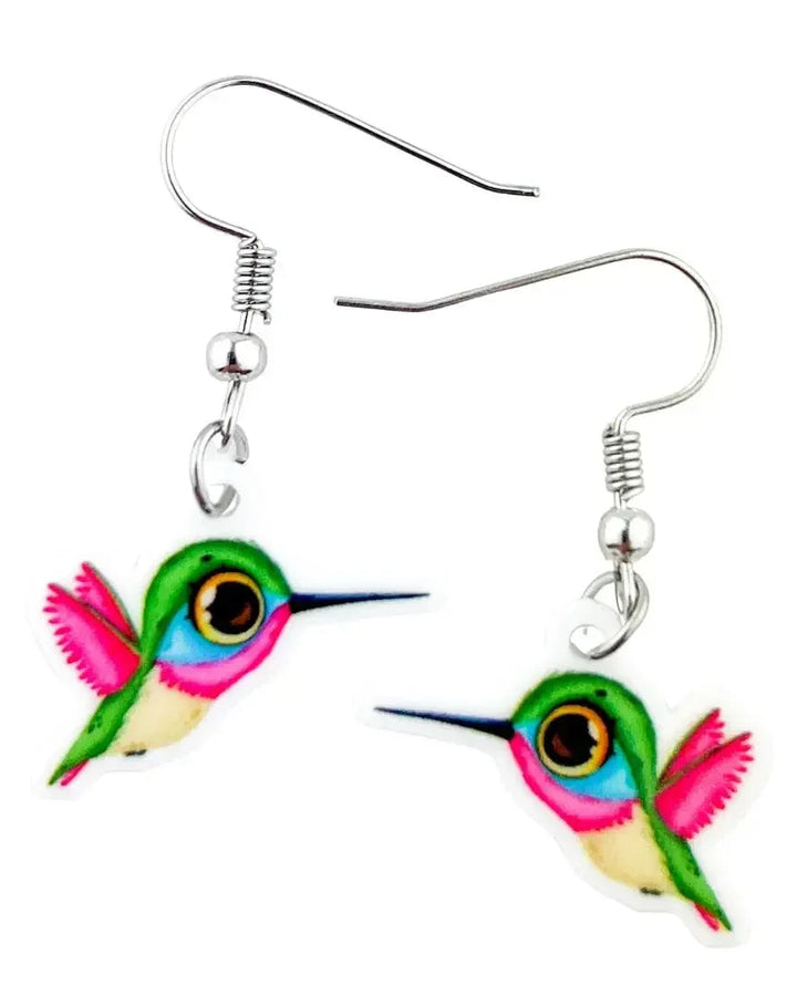 Honeyeater drop earrings, a colourful pink, green, and blue bird in flight on silver hooks