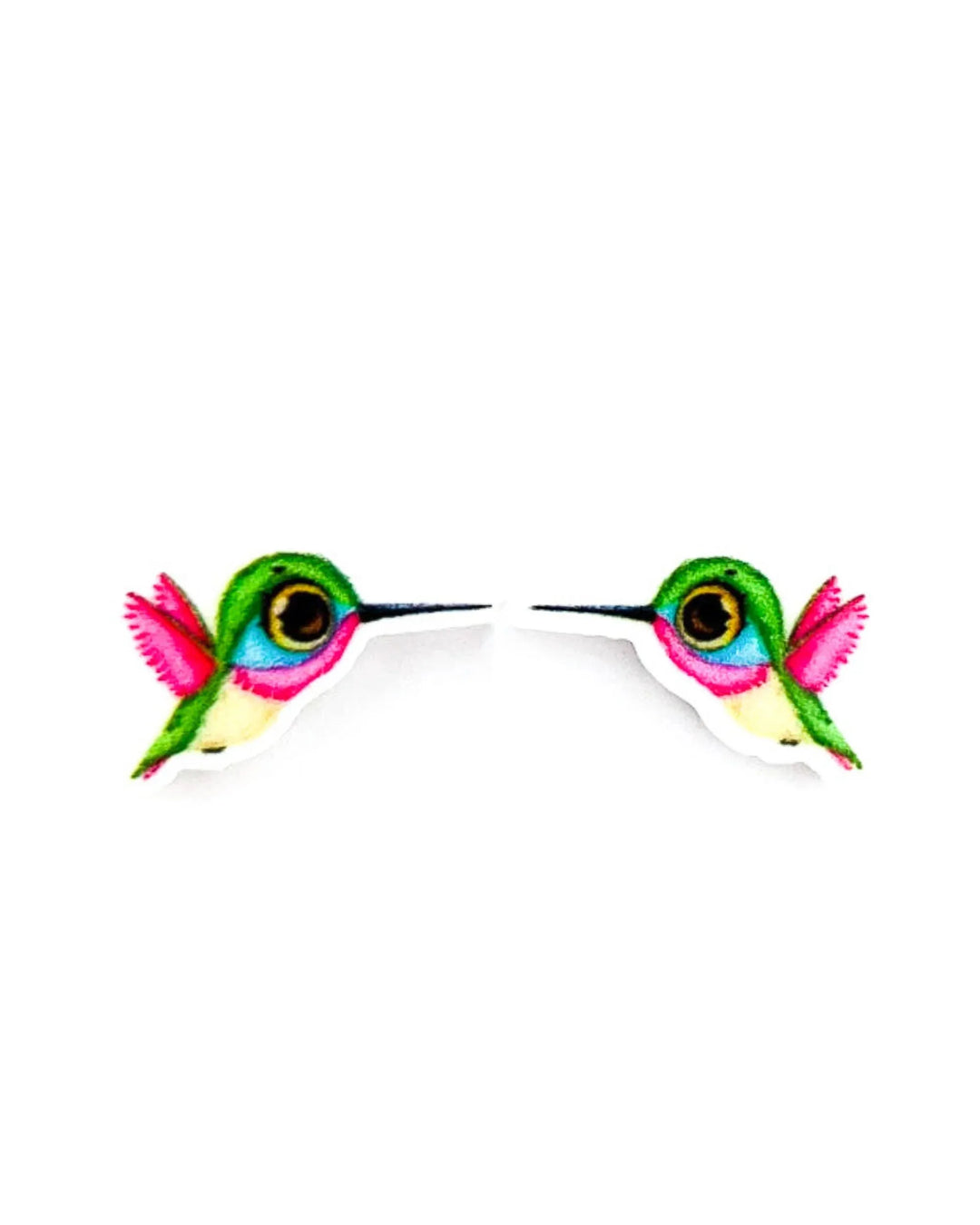 Honeyeater stud earrings, a colourful pink, green, and blue bird in flight on an acrylic charm