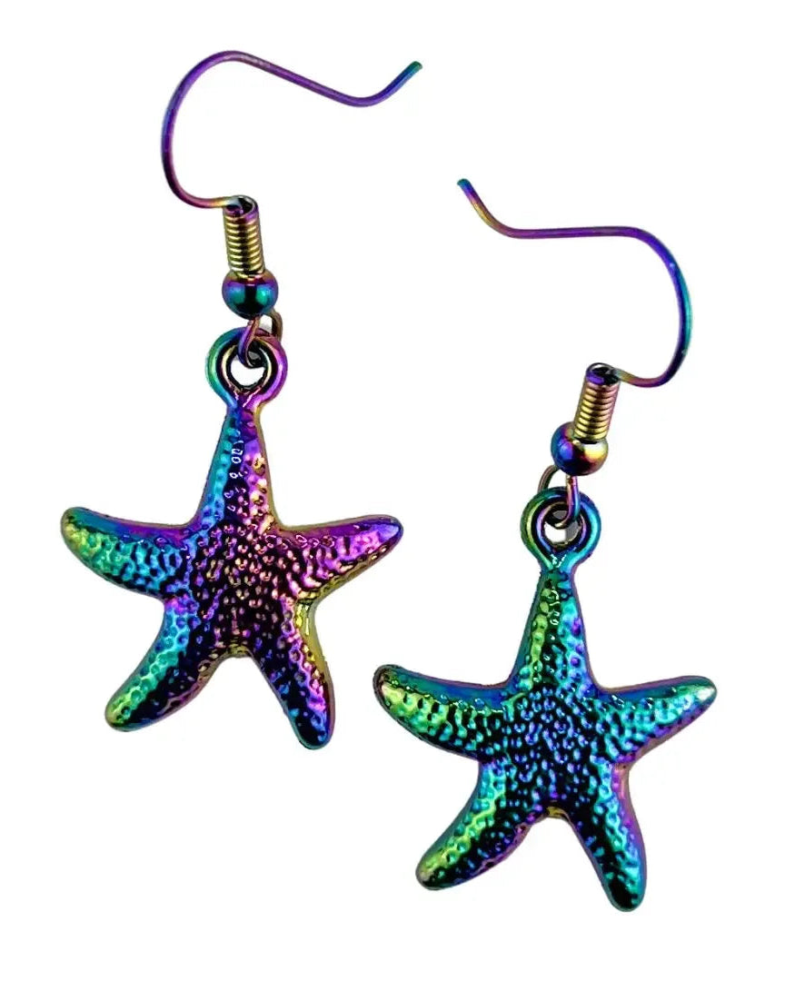 Pair of iridescent starfish drop earrings with textured metal charms in purple, green and blue colour-shift finish